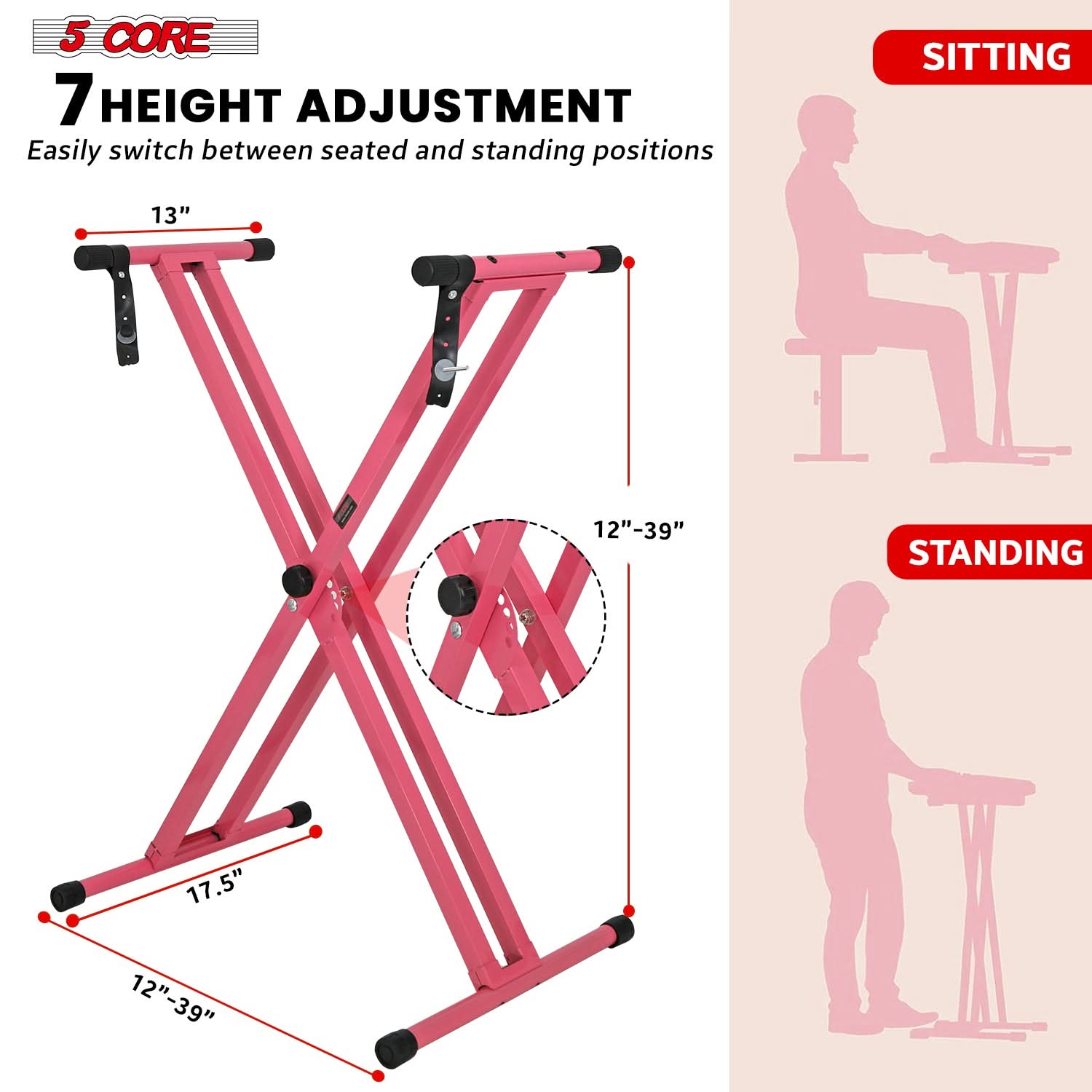 5Core Keyboard Stand Double X Style Adjustable Lift Piano Riser For 49 To 88 Keys BABY PINK